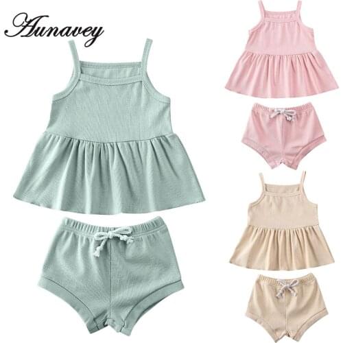 NEW 2020 Summer Newborn Kids Baby Girl Clothing Ruffled Sleeve Shirt Top Pants Shorts Kintted Ribbed Outfit 2PCS Clothes Set