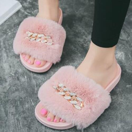 New fashion Women Slippers rhinestone Chain Fur Slippers solid Slip on flat Fur Fluffy Sliders shoes woman pantuflas mujer sh2
