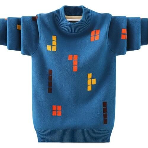 Boys' pullover knitted sweater new spring/autumn/winter big kids plus velvet bottoming shirt