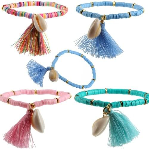 Multicolor Bohemian Shell Tassel Bracelet 7 Colors Ehthic Beach Boho Statement Cotton Rope Chain Woven Bracelet for Women