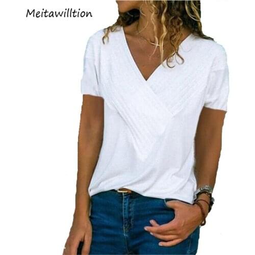 S-5XL Casual Women Summer T-shirt 2020 Short Sleeve V-neck Cotton Loose Basic Tee Shirt Plus Size Solid Lady Office Tops