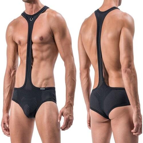 Sexy bodysuit gay underwear sexy Mens Black Fishnet Mesh Wrestling Singlet Bodysuit Fetish Gay Underwear Erotic Guy Lingerie