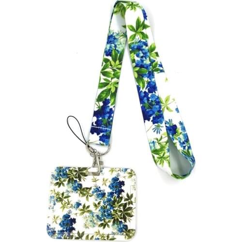 Blue Green Flowers Lanyard Credit Card ID Holder Bag Student Women Travel Card Cover Badge Car Keychain Decorations