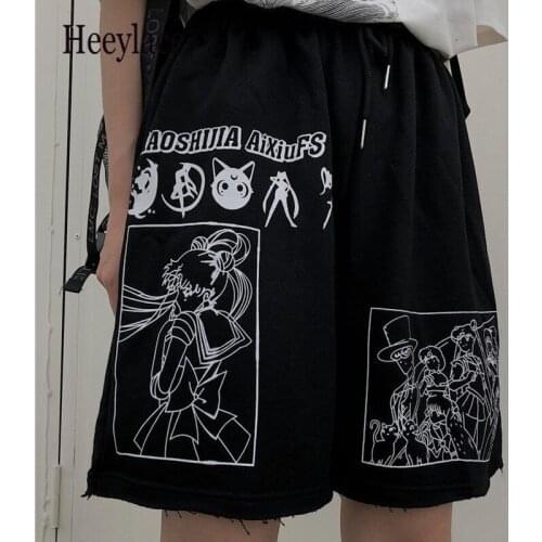 Summer pants streetwear cartoon Comic Moon letters print high waist shorts Casual loose elastic waist Straight shorts for women