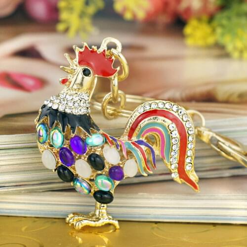 Pretty Cute Opals Cock Rooster Chicken Keychains Crystal Bag Pendant Rhinestone Luxury Key Chains Ring Gift for Women K131