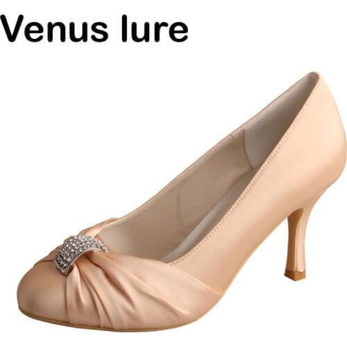 Discount Closed Toe Champagne Wedding Shoes Mid Heel Handmade Women Bridesmaid Pumps