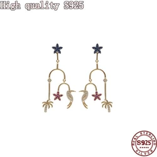 High Quality Earrings S925 Silver Needle Tropical Coconut Leaf Big Beaked Bird Flower Earrings Personalized Long Earrings