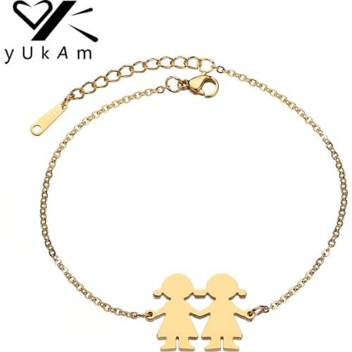 YUKAM Jewelry Lucky Friendship Kids Children Bracelets for Girl Women Gold Stainless Steel Sister Daughter Family Charm Bracelet