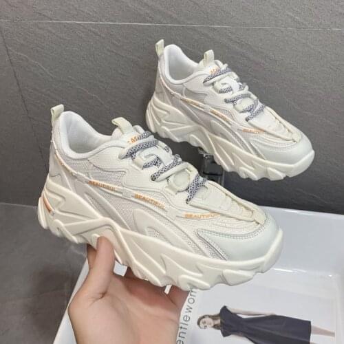 Leather And Blank Mesh Upper Women Chunky Sneaker 2021 Summer White Female Sport Shoes Lace up Fashion Casual Comfort
