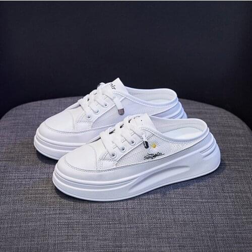Womens Shoes 2021 Breathable Comfort Sneakers Women Mesh Platform Lace Up White Shoes Women Non Slip Casual Half Slippers