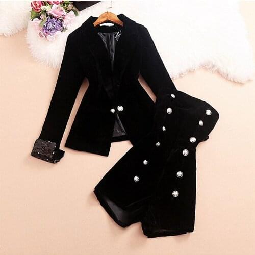 Autumn 2 Pieces Sets New Style Temperament Suit Collar Long Sleeve Velvet Jacket+ Double Breasted Tube Top Jumpsuit Suit Women