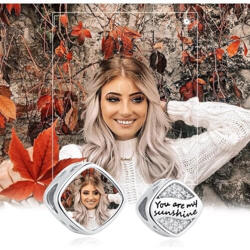 ELESHE Genuine 925 Sterling Silver You Are My Sunshine With CZ Square Charm Custom Photo Bead Fit Women Bracelet Jewelry Making