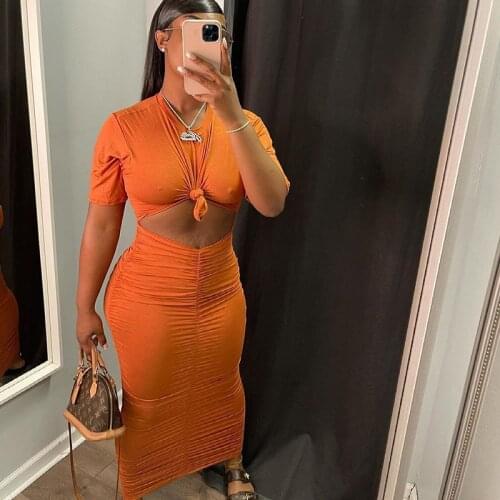 Sexy Party Two Piece Set Women Skirt Summer Maxi Dress Sets Short Sleeve Crop Top and Ruched Long Skirts Sets Night Club Outfits