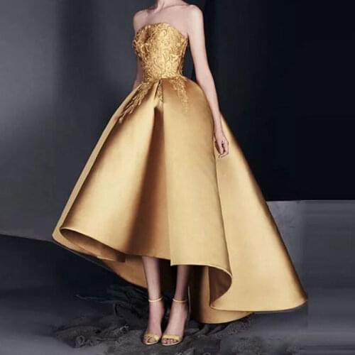 New arrival Evening Dresse Formal vestido de noiva satin prom party robe de soiree golden strapless high-low formal gown lace-up