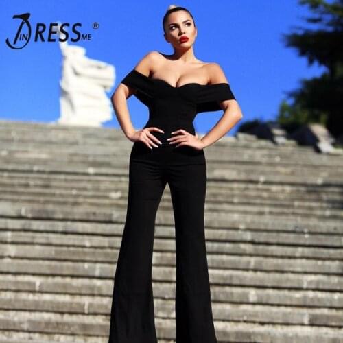 INDRESSME Free Shipping 2019 Fashion Sexy Off Shoulder Bodysuit Full Length Women Party JumpSuits Strapless Backless Romper