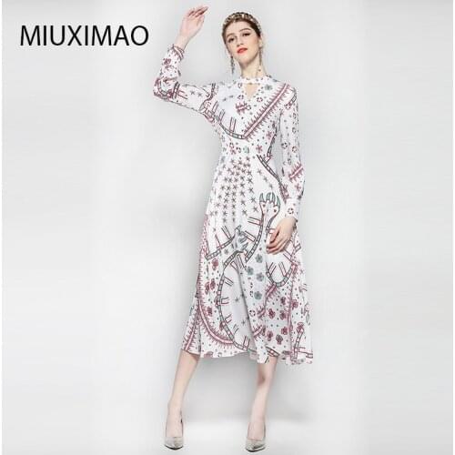 HIGH QUALITY New 2018 Fashion Womens Long Sleeve Vintage V-Neck Print Italy Geometric Pattern Dress Elegant Brand Long Dress