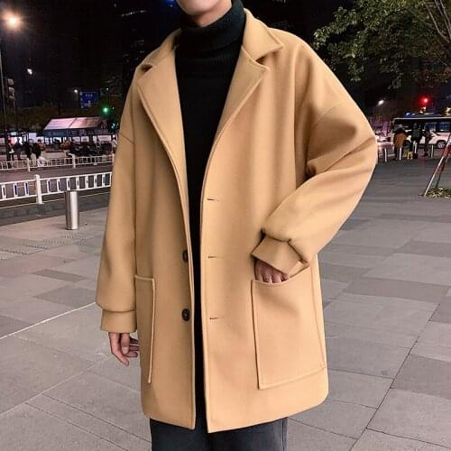 Winter Mens Wool Coat 2021New Fashion Korean Middle Long Collar Cotton-padded Thick Warm Woolen Coat Male Trench Coat Overcoat