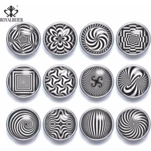 12pcs Glass Charms 12mm Snap Button Black Kaleidoscope Flower Theme Fit Snap Bracelet 12mm Snap Earrings Snap Jewelry KZ0951