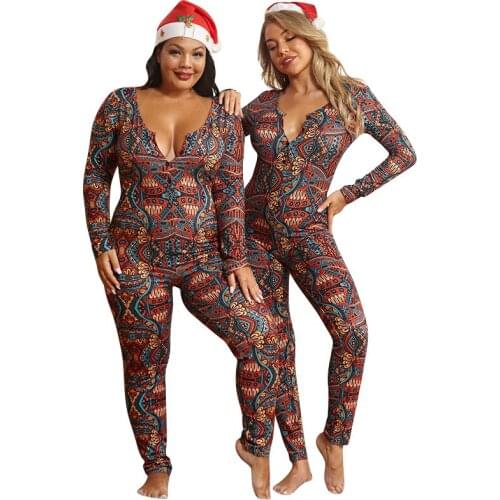 2020 printed knit Christmas plus size adult onesie pajama for women 2020