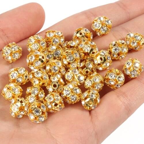 50pc/Lot 6mm 8mm 10mm Gold Plated Rhinestone Ball Shape Loose Beads Metal Crystal Beads for Jewelry Making DIY Accessories