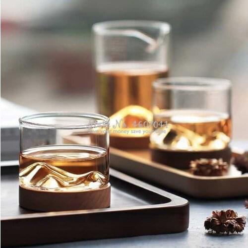 Home Kitchen Whiskey Glass Mountain Wooden Bottom Wine Transparent Glass Cup For Whiskey Wine Vodka Bar Club
