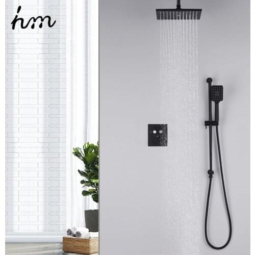 Hm 10" Rainfall Shower Head Button System Bath Black Shower Faucet Bathroom Luxury Rain Mixer Shower Combo Set Wall Mounted
