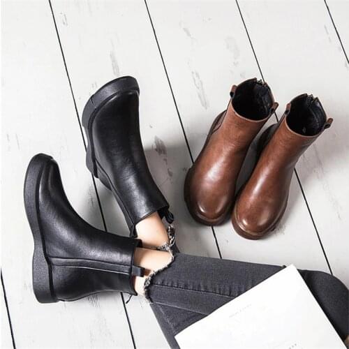 JIANBUDAN Womens boots High-quality pu leather autumn winter flat ankle boots Retro Fashion plush warm casual shorts boots