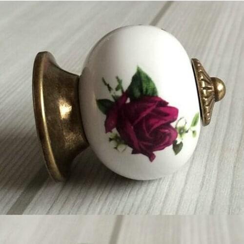 Red Rose Dresser Knob Drawer Kitchen Cabinet Knobs Rustic Antique Bronze Door Handle Pull Ceramic Knobs Hardware