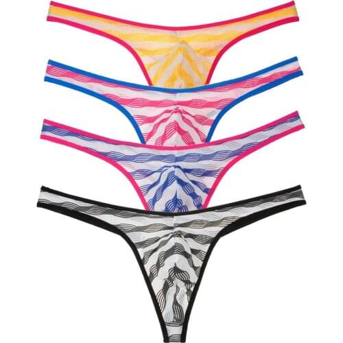4Pcs/Lot Mens Transparent Low Waist Sexy Panties Men Jacquard Mesh Stripe Underwear Sport G-String Bulge Pouch Bikinis Thong