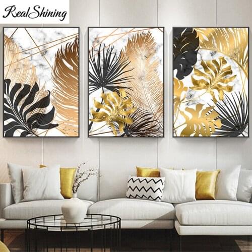 Diy Diamond Painting Golden Leaves Full Square Round Drill 5D Diamond Embroidery Mosaic Needlework Triptych Home Decor F488