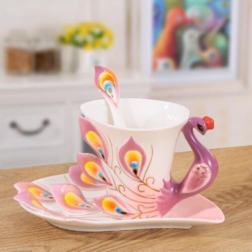 3D Peacock Enamel Coffee Mug Set Ceramic Tea Milk Drinkware With a Spoon Saucer Creative China Bone Friend Gift