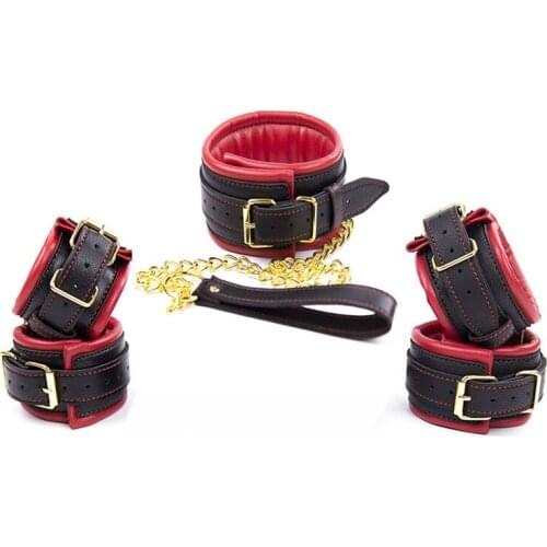 3 Color Leather Metail Soft Spong Sex Handcuffs & Anklecuffs & Collar Drag Bdsm Bondage Set Sex Toys for Couples Erotic Womens