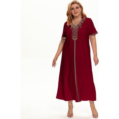 FridayIn Spring Autumn Ladies Celebrity Temperament Cloth V Neck Blouse Solid Color Loose Large Size Tops Wine Red Muslim Dress