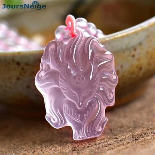 Wholesale Fine Pink Natural Crystal Pendants Hand Carved Nine Tail Fox Sweater chain Necklace Lucky for Women Marriage Jewelry