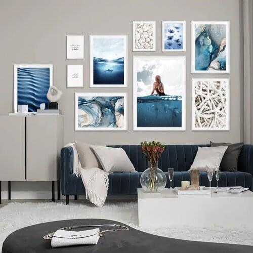 Surf Girl Blue Sea Ocean Canvas Poster Shell Landscape Painting Tropical Seascape Print Wall Art Picture Home Bedroom Decoration