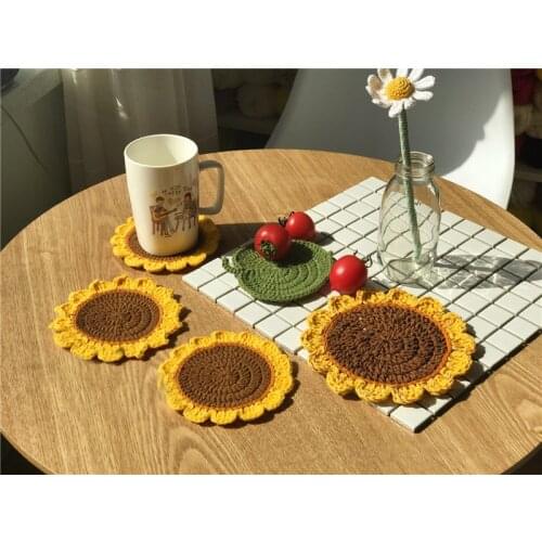 DIY Handmade Cup Mat Sunflower Shape Crochet Tableware Wool Knitting Cup Pad With Sequin Household Table Decoration