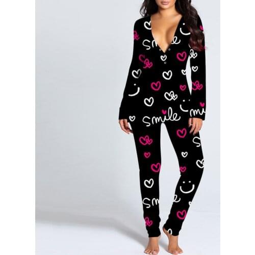 Love Heart Print Sexy Onesie Women Pajamas Long Jumpsuit Functional Sleepwear Romper Bodycon Adult Bodysuit Комбинезон Pijamas 4