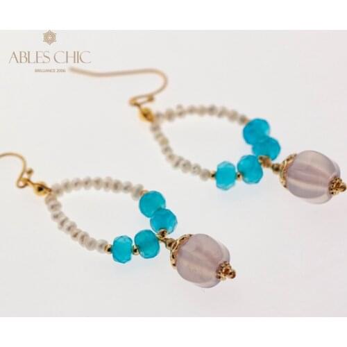 Handmade Natural Chalcedony Beaded Drop Earrings Baroque Pearls Blue Pink Tone Chanderlier Earring Women Classic Fine Jewelry