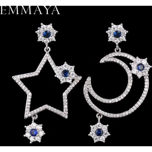 Brand New Stars Moon Cubic Zirconia CZ Earrings for Women Sweet Gift Jewelry Romantic Asymmetrical Femme Bijoux