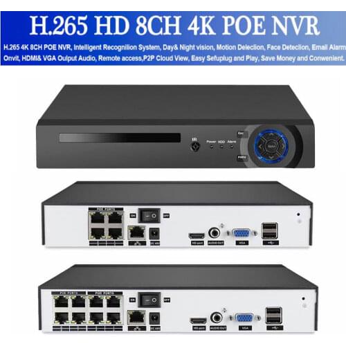 4K NVR 8CH POE 8 CHANNEL 4K 8MP IPC 8P H265 NETWORK RECORDER Onvif for PTZ Camera 8MP POE IP Camera XMEYE P2P