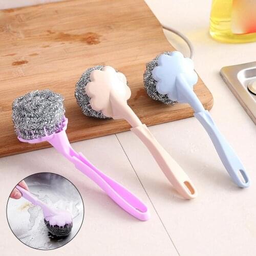 Long Handle Home Kitchen Steel Wire Ball Pot Dish Cleaning Brush Washing Tool