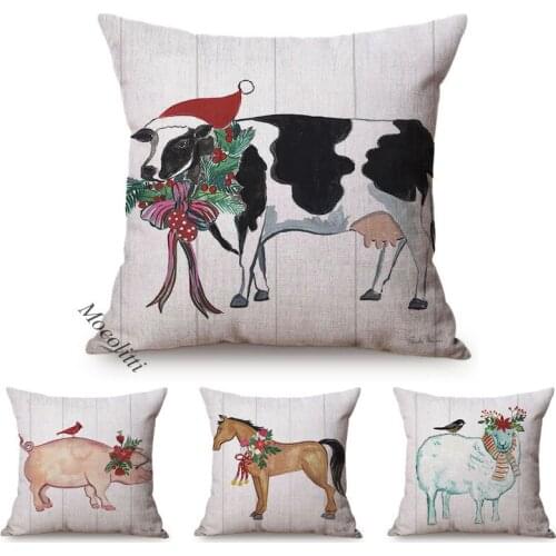 Nordic Farm Animal Cushion Cover Christmas Water Color Decoration Bed Sofa Pillow Case Cow Pig Square Cushions Cover Kussenhoes