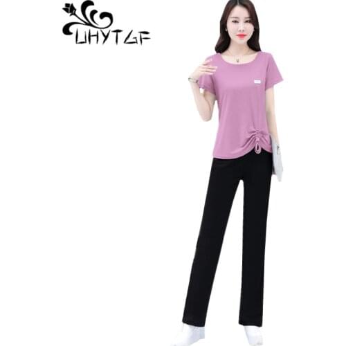 UHYTGF Womens summer two piece set fashion wide leg pants casual plus size sportswear O neck t-shirt top elegant woman suit 951