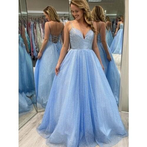 Unique Sparkle Fabric Light Blue Evening Dress Spaghetti Straps A-line Long Prom Dresses