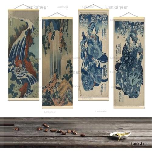 Japanese Ukiyoe Poster For HD Canvas Wall Pictures For Living Room Decoration Painting Wall Art With Solid Wood Hanging Scroll