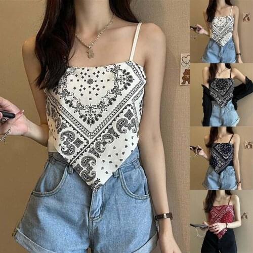 Women Straps Cami Satin Tie Back Knot Hanky Hem Spaghetti Bandana Tube Crop Top Sleeveless Shirt Blouse