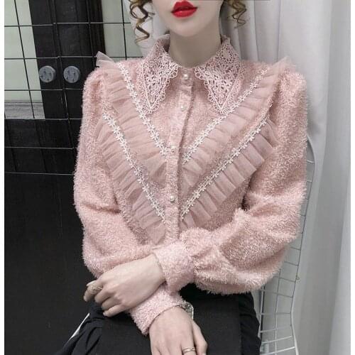 2021 Spring Woman Lace Peter Pan Collar Shirts Female Spring Elegant Long Sleeve Tops Ladies Blouse Shirt Plus Size 2XL H1058