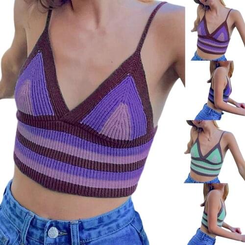 Womens Backless Casual Summer Rib Knit Camisole Sexy V-Neck Sleeveless Color Block Slim Fit Crop Cami Tops