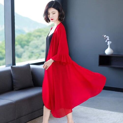 Women Vintage solid Chiffon Shirts Loose Shawl Kimono Cardigan Boho Tops Long Sunscreen Jacket Blouse plus size Cardigan M-8XL