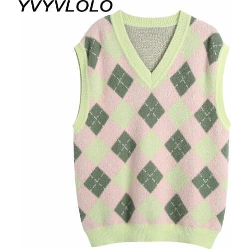 2021 V Neck Vintage Argyle Sweater Vest Women Green Sleeveless Plaid Knitted Crop Sweaters Casual Autumn Preppy Style 2020 tops